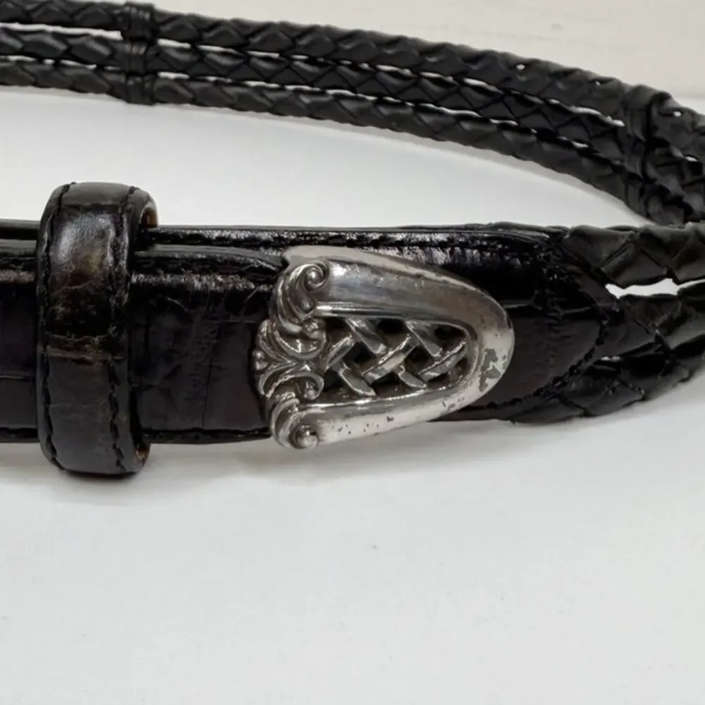 BRIGHTON Braided Woven Leather Belt Black Silver Square Buckle 90603 Womens Sz M